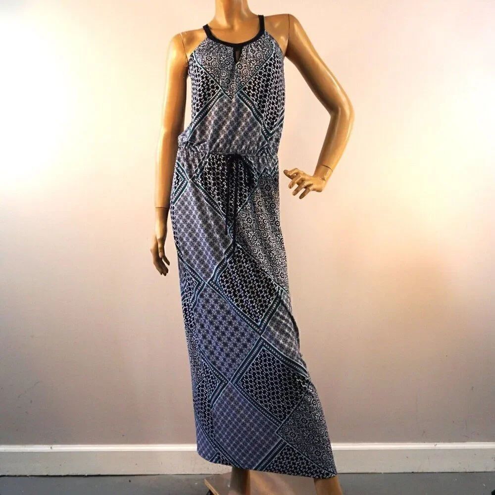 En Focus Studio Maxi Dress Womens Size 4 Sleeveless Green And Black Geo Print